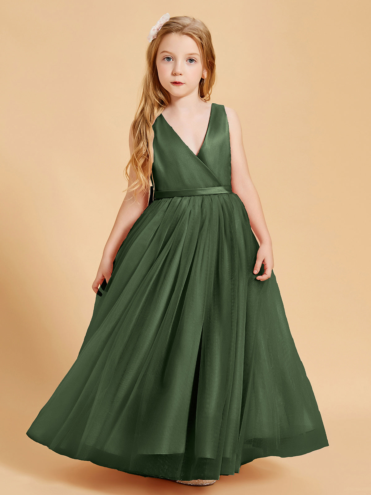Tulle Junior Bridesmaid Dresses Satin Top Glamourous Bowknot Olive Green